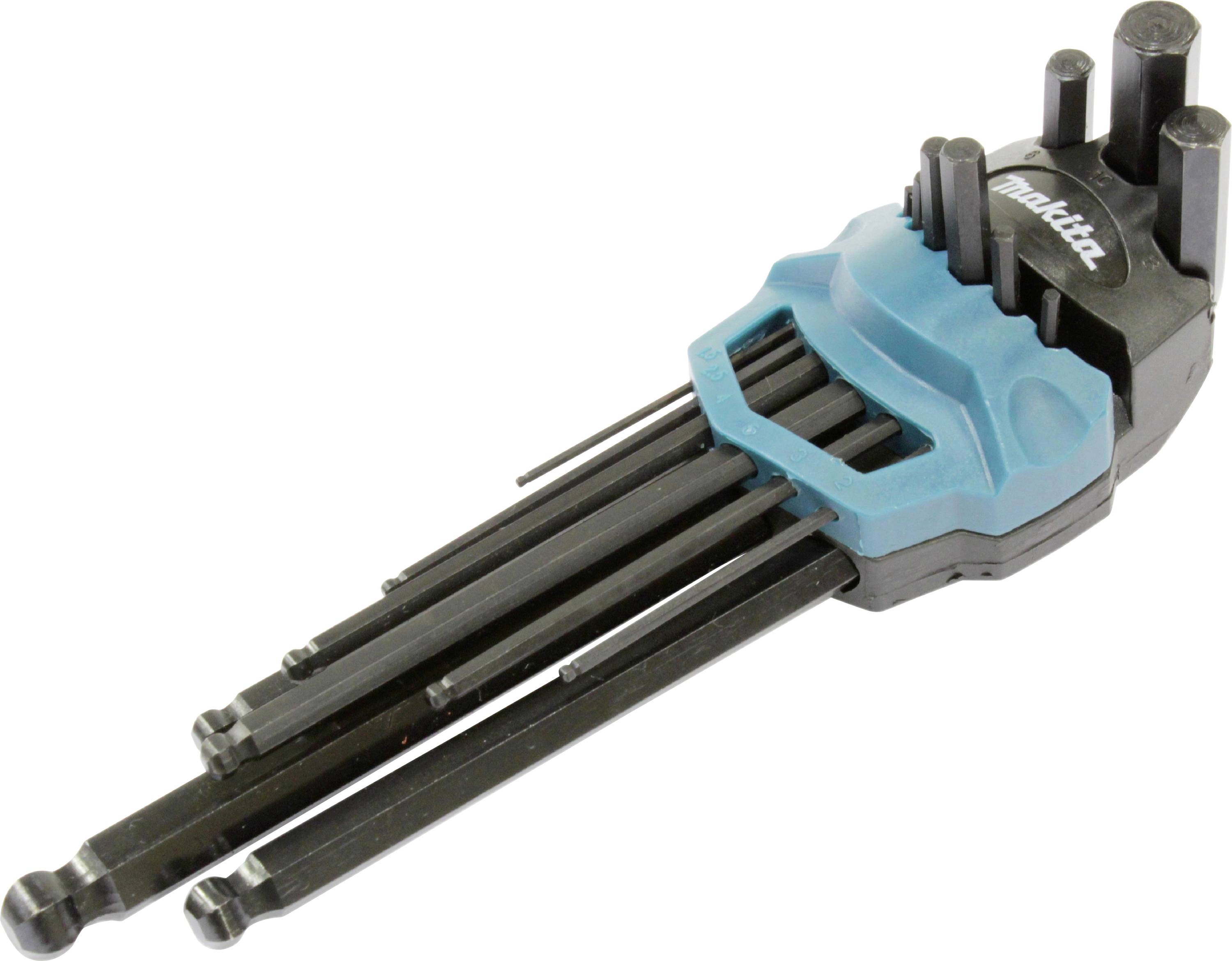 Ein Set von Inbusschlüsseln verschiedener Größen in einem blauen Kunststoffhalter.