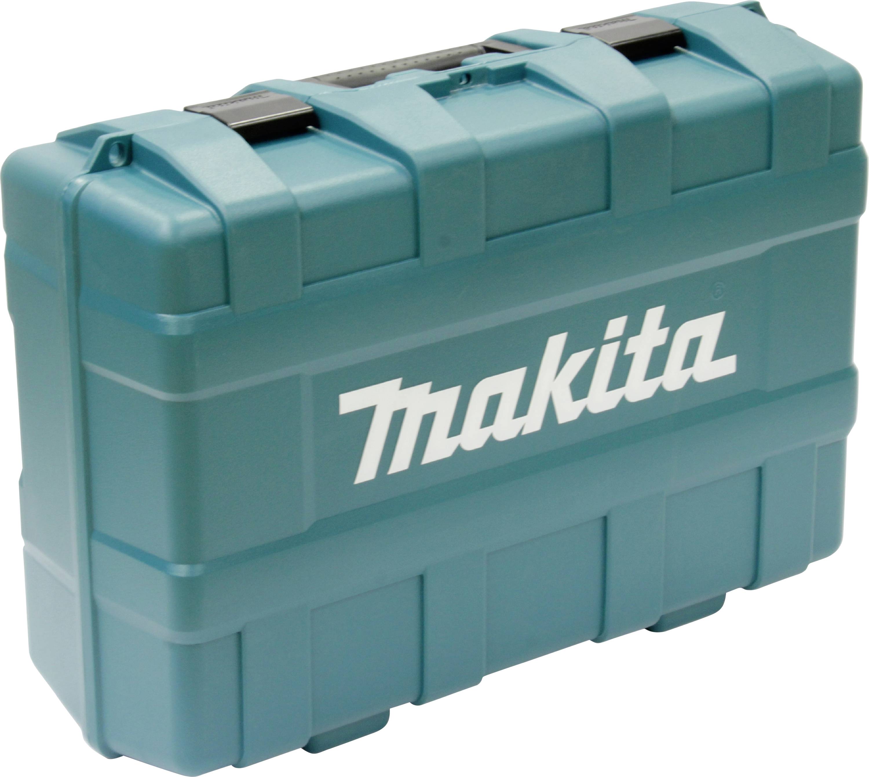 Ein blauer Werkzeugkoffer mit dem weißen Logo 'Makita' darauf. Der Koffer hat einen Griff und zwei Verschlüsse an der Oberseite.