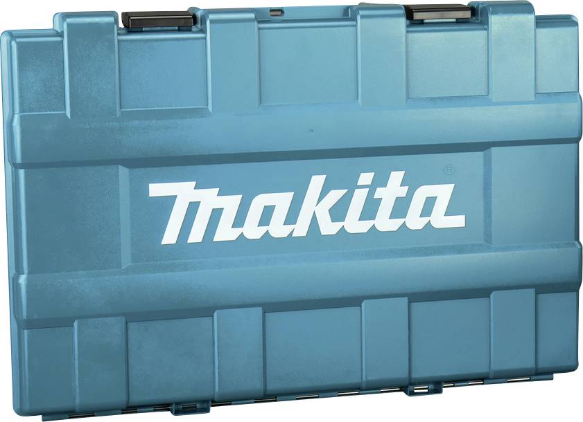 Ein blauer Kunststoffkoffer mit dem Wort 'Makita' in weißer Schrift auf der Vorderseite, zur Aufbewahrung von Werkzeugen.