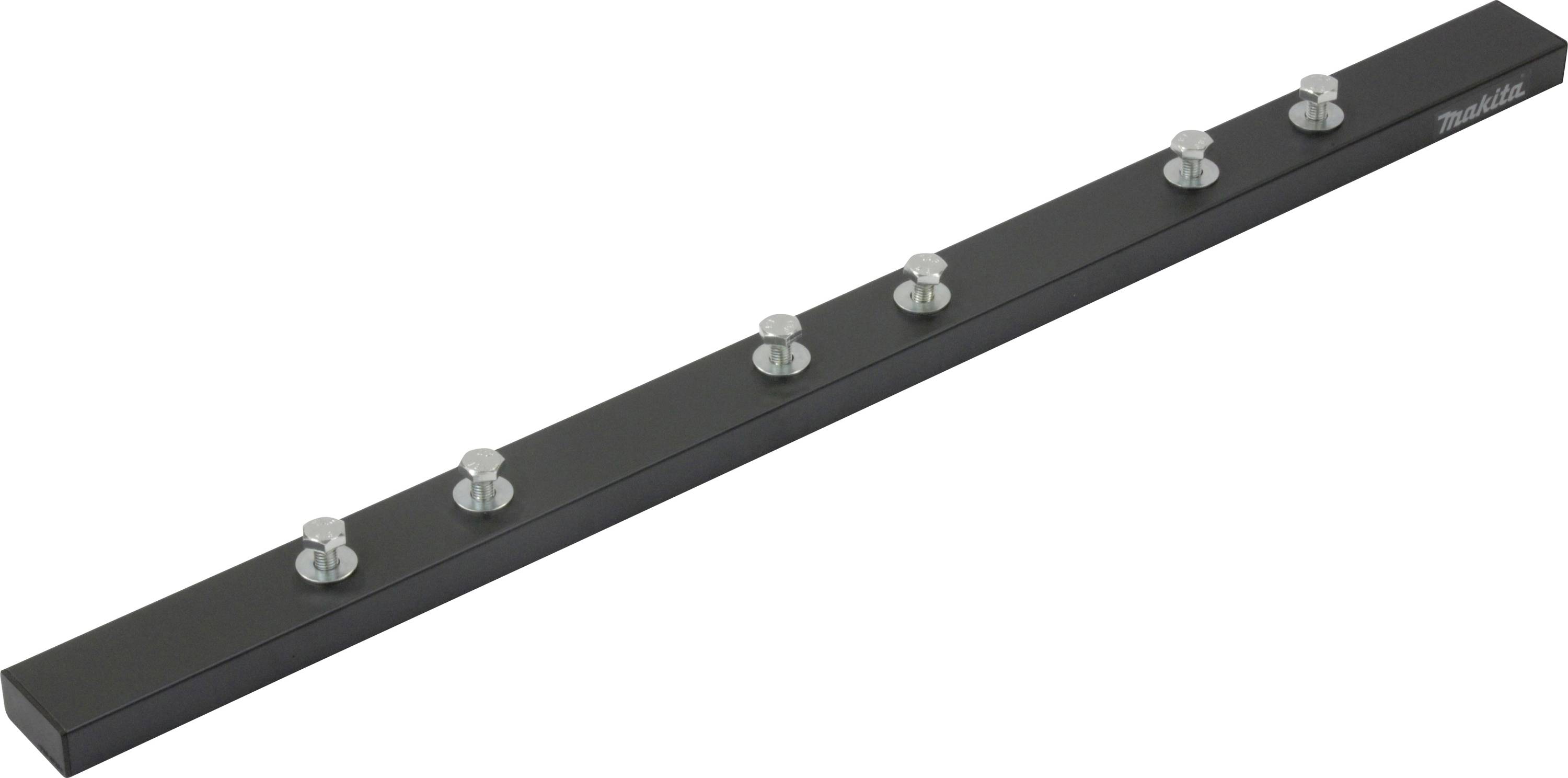 Schwarze Magnetleiste mit sechs Metallhaken zur Aufbewahrung von Werkzeugen.