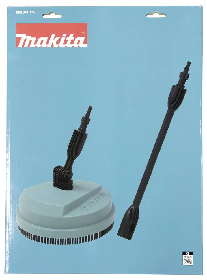 Makita-Verpackung mit einer Hochdruckreiniger-Flächenreiniger-Aufsatz und Verlängerungslanze auf blauem Hintergrund.