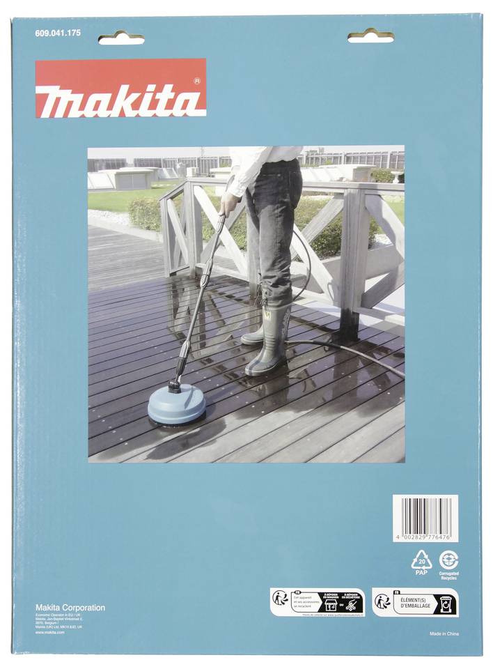 Makita-Produktbox zeigt eine Person, die einen Hochdruckreiniger auf einer Holzterrasse im Freien verwendet.