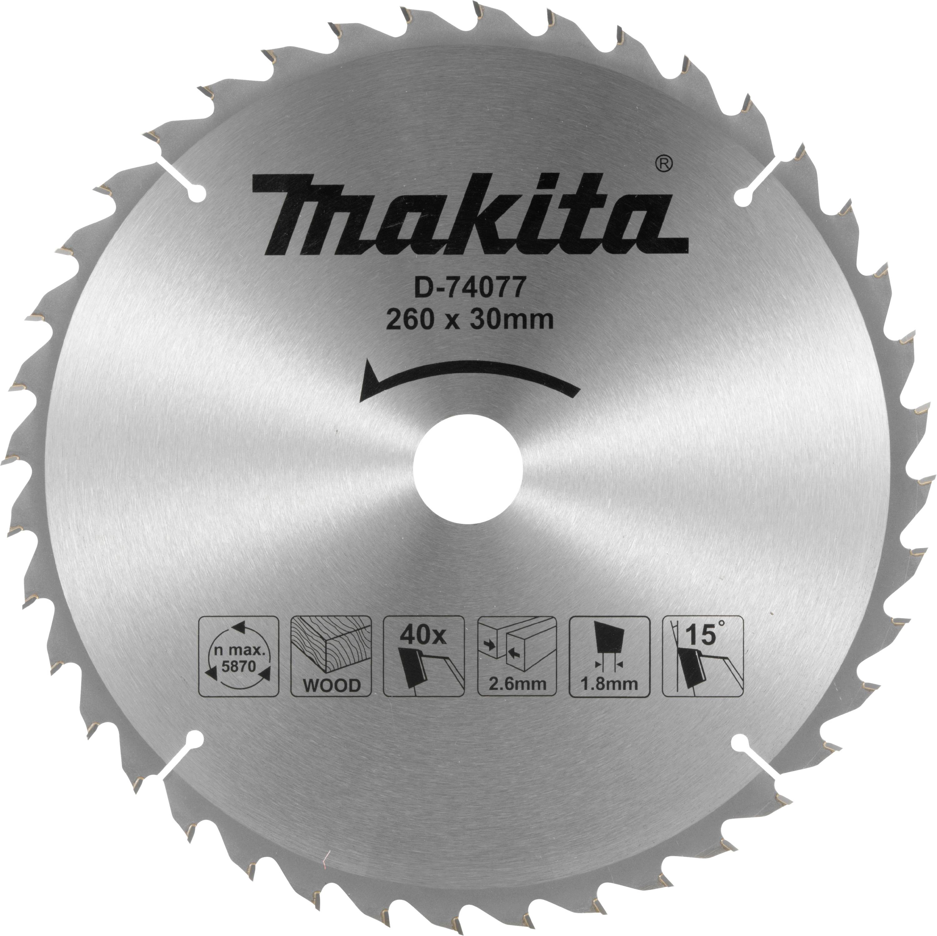 Makita Sägeblatt 260x1,8x30mm, 40 Zähne D-74077 Durchmesser:260mm Zähneanzahl:40
