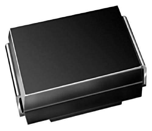 Eine schwarze rechteckige elektronische Komponente mit metallischen Kanten, die einem Halbleiterbauelement ähnelt, aus einer schräggestellten Perspektive betrachtet.