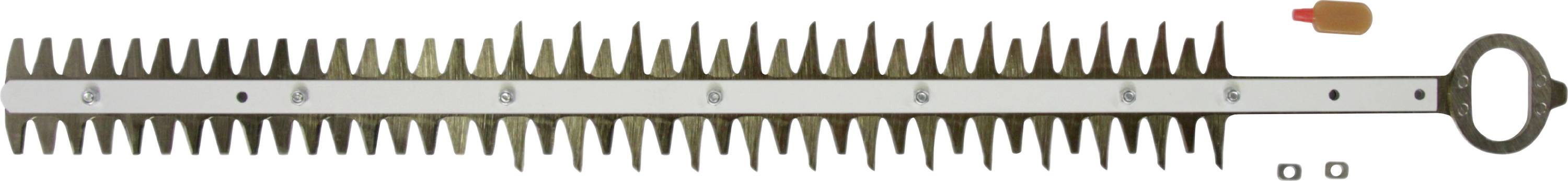 Heckenscherenklinge mit einem langen, gezackten Metallblatt und mehreren Schrauben. Geeignet für den Austausch oder die Reparatur von Heckenscheren.