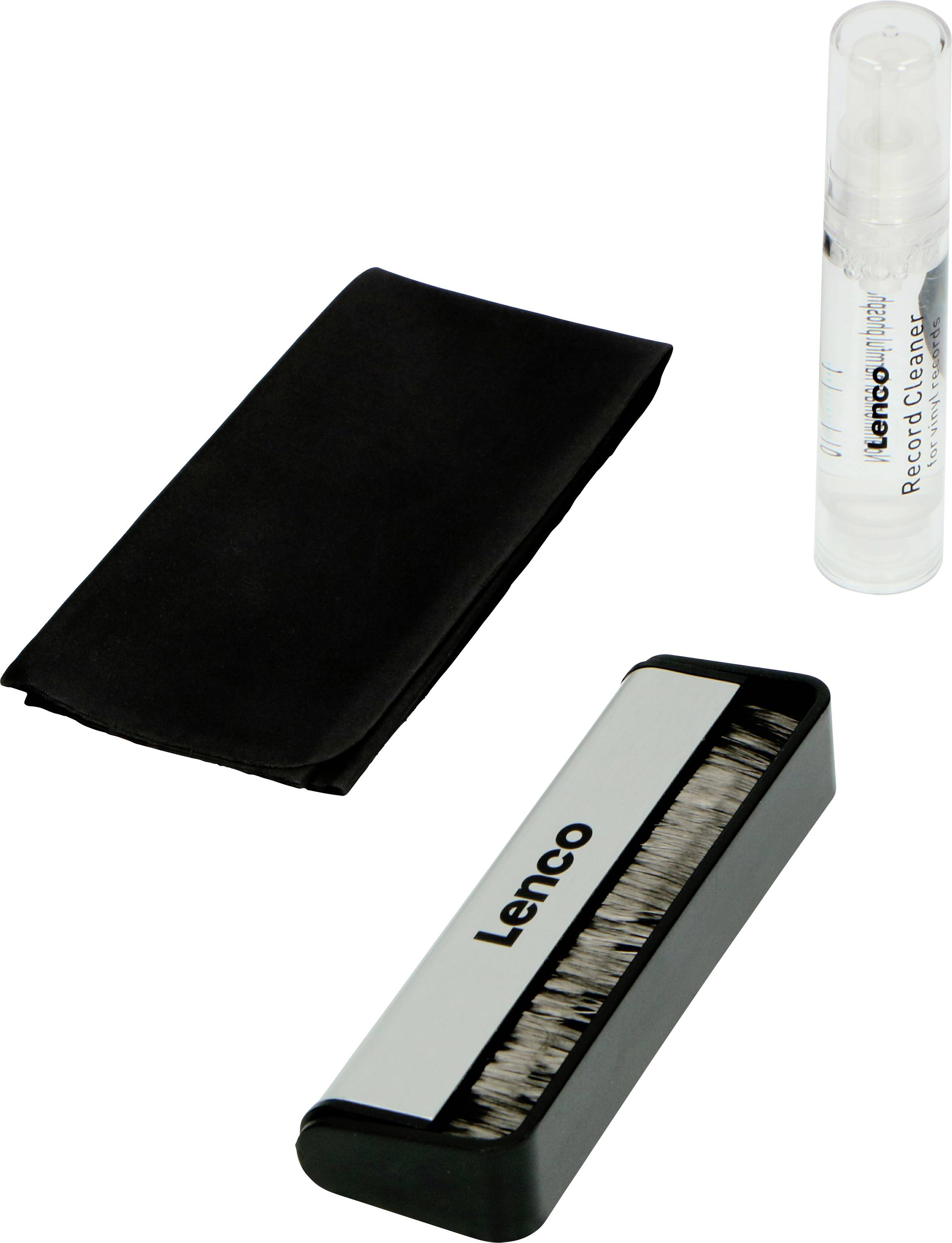 Reinigungsset für Schallplatten bestehend aus einer Bürste, einem schwarzen Tuch und einer Flasche Reinigungsflüssigkeit.