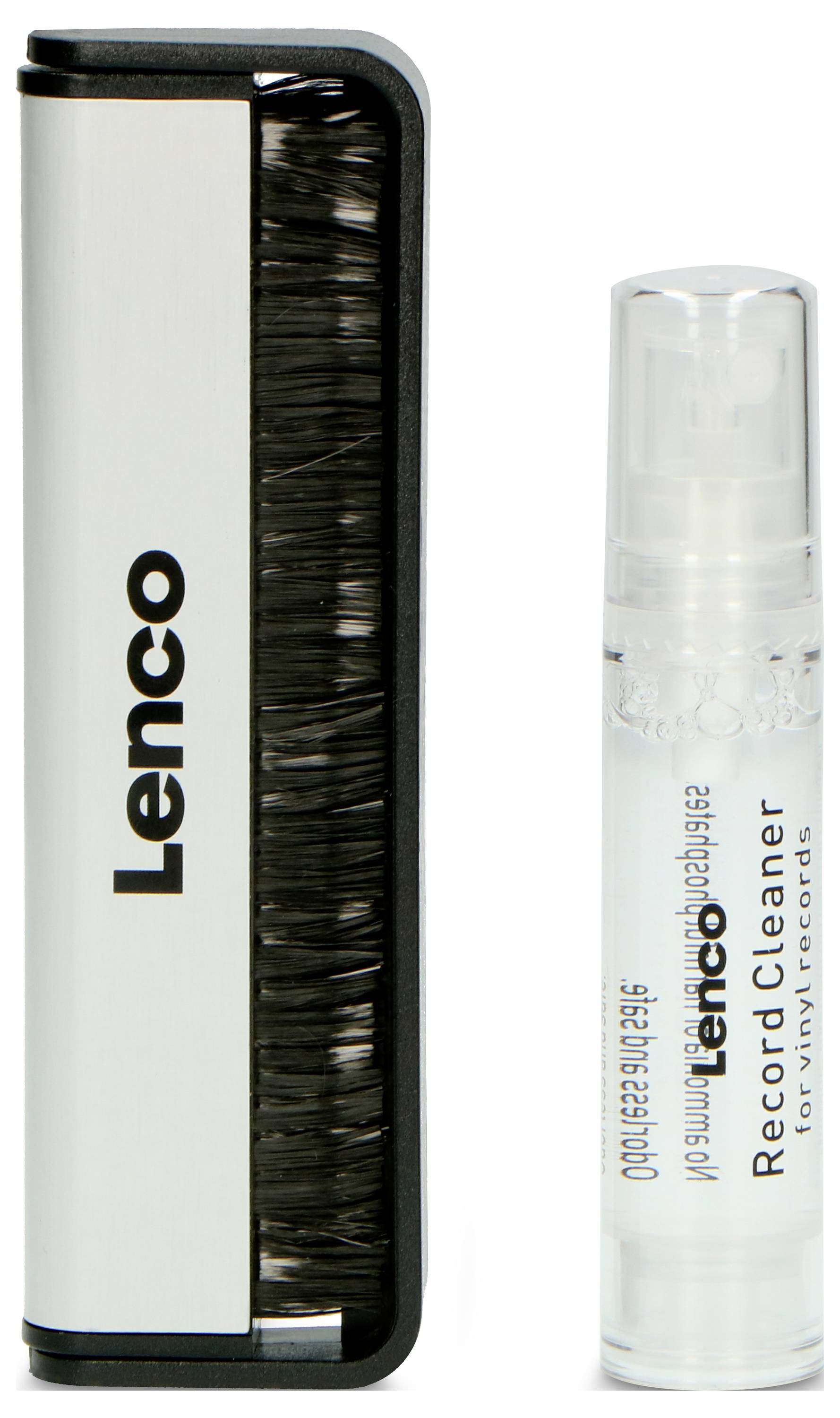 Bild zeigt eine Reinigungsbürste und eine Flasche Plattenreiniger der Marke Lenco, zum Säubern von Vinyl-Schallplatten.