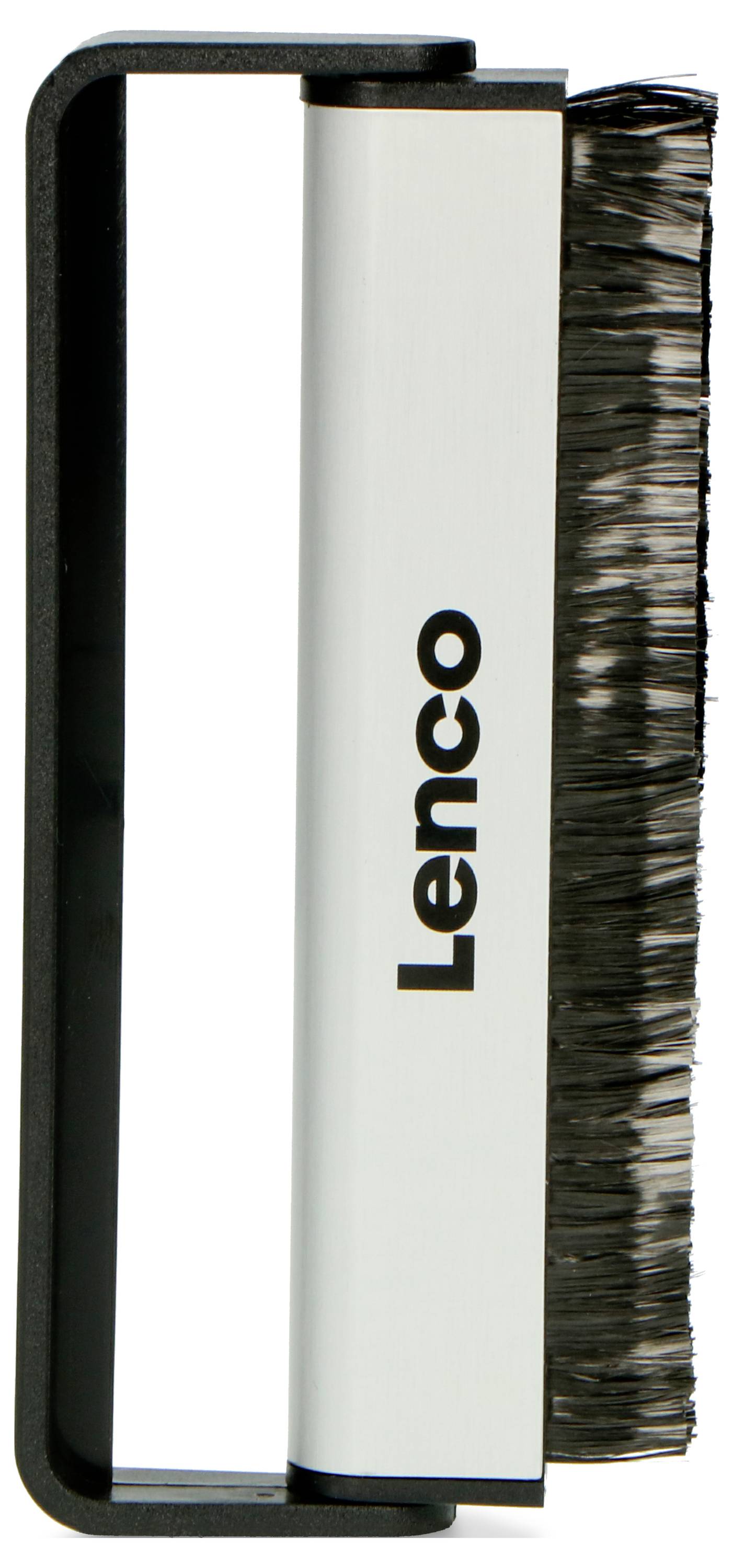 Schallplatten-Reinigungsbürste mit schwarzem Griff und feinen Borsten, darauf der Schriftzug 'Lenco'.