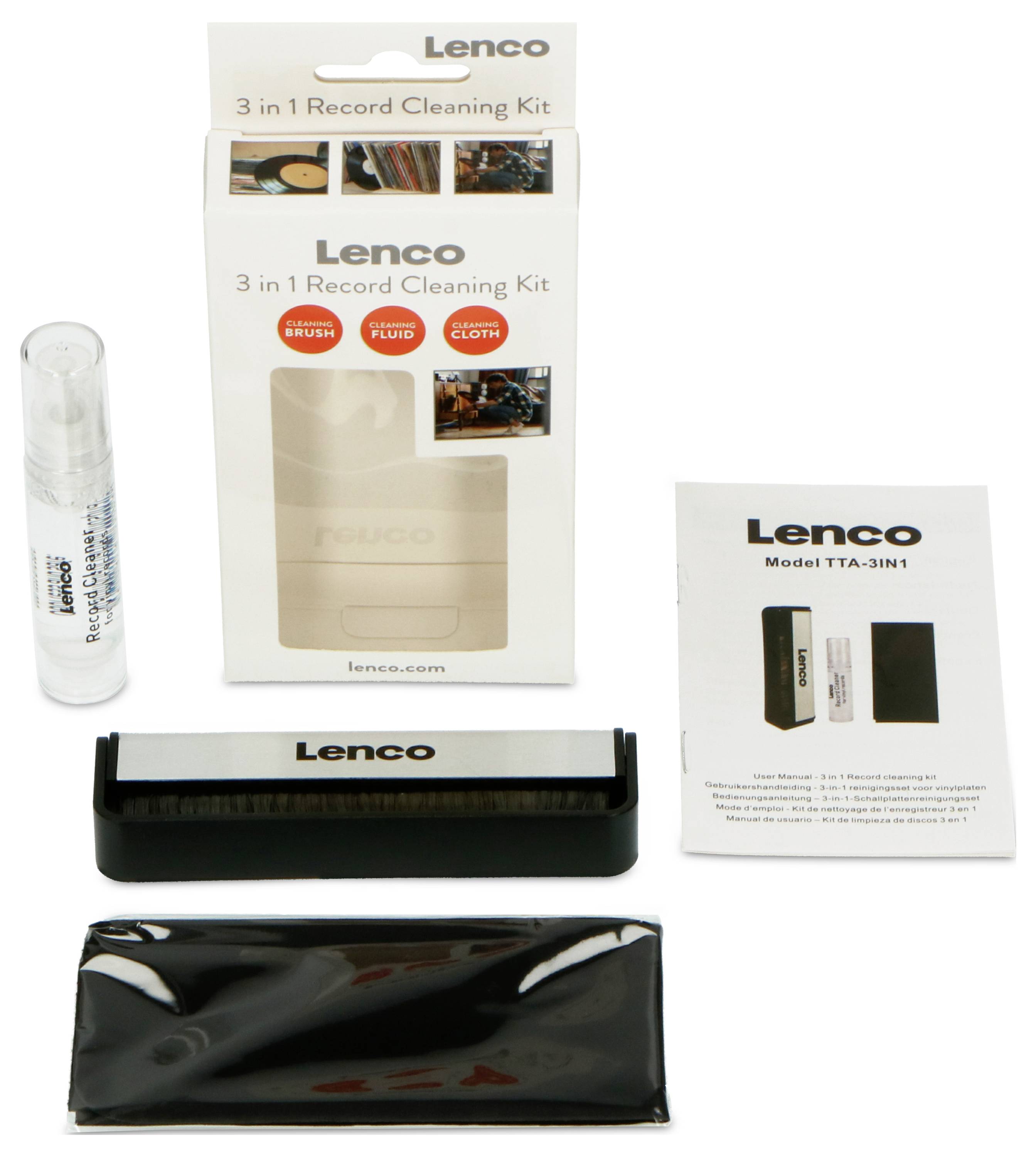 Reinigungsset für Schallplatten, Modell Lenco 3 in 1, mit Bürste, Flüssigkeit und Tuch, Verpackung, Sprühflasche, Anleitung.