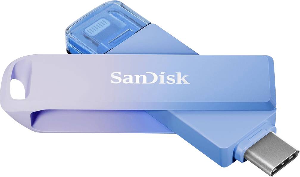 USB-Stick von SanDisk in blauem Gehäuse, leicht versetzt mit einem durchsichtigen blauen Verschluss auf einer Seite.