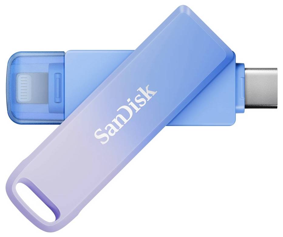 USB-Stick von SanDisk, blau, mit einem abnehmbaren Verschluss. USB- und USB-C-Anschluss sichtbar. Geeignet für Datenübertragung.