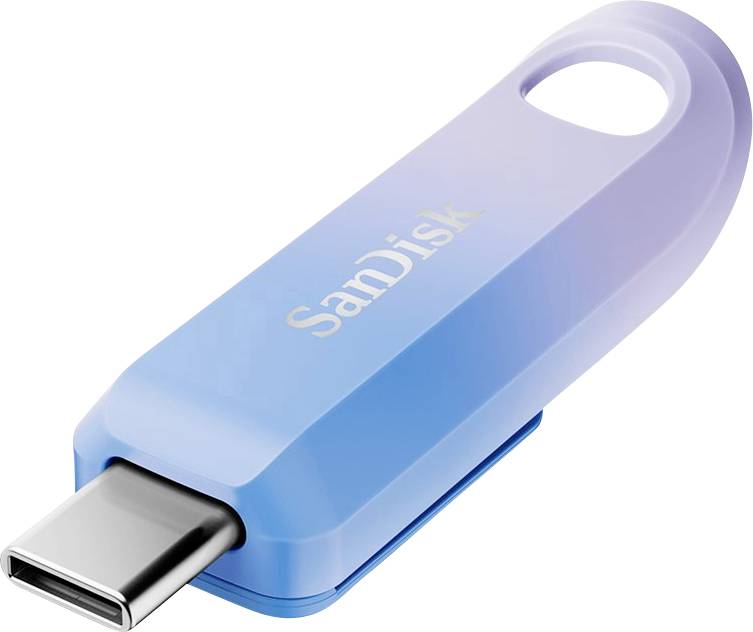 USB-Stick von SanDisk in Blau mit USB-C-Anschluss, geeignet für Datenspeicherung und -übertragung.