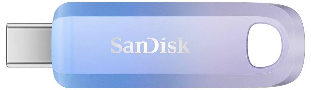 USB-Stick von SanDisk mit USB-C-Stecker, blauer Kunststoffgehäuse und ovaler Grifföffnung.