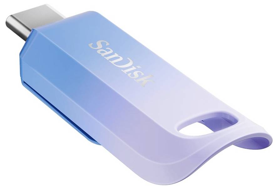 Ein USB-Stick mit blauem Gehäuse und silbernem USB-C-Anschluss, auf dem 'SanDisk' steht.
