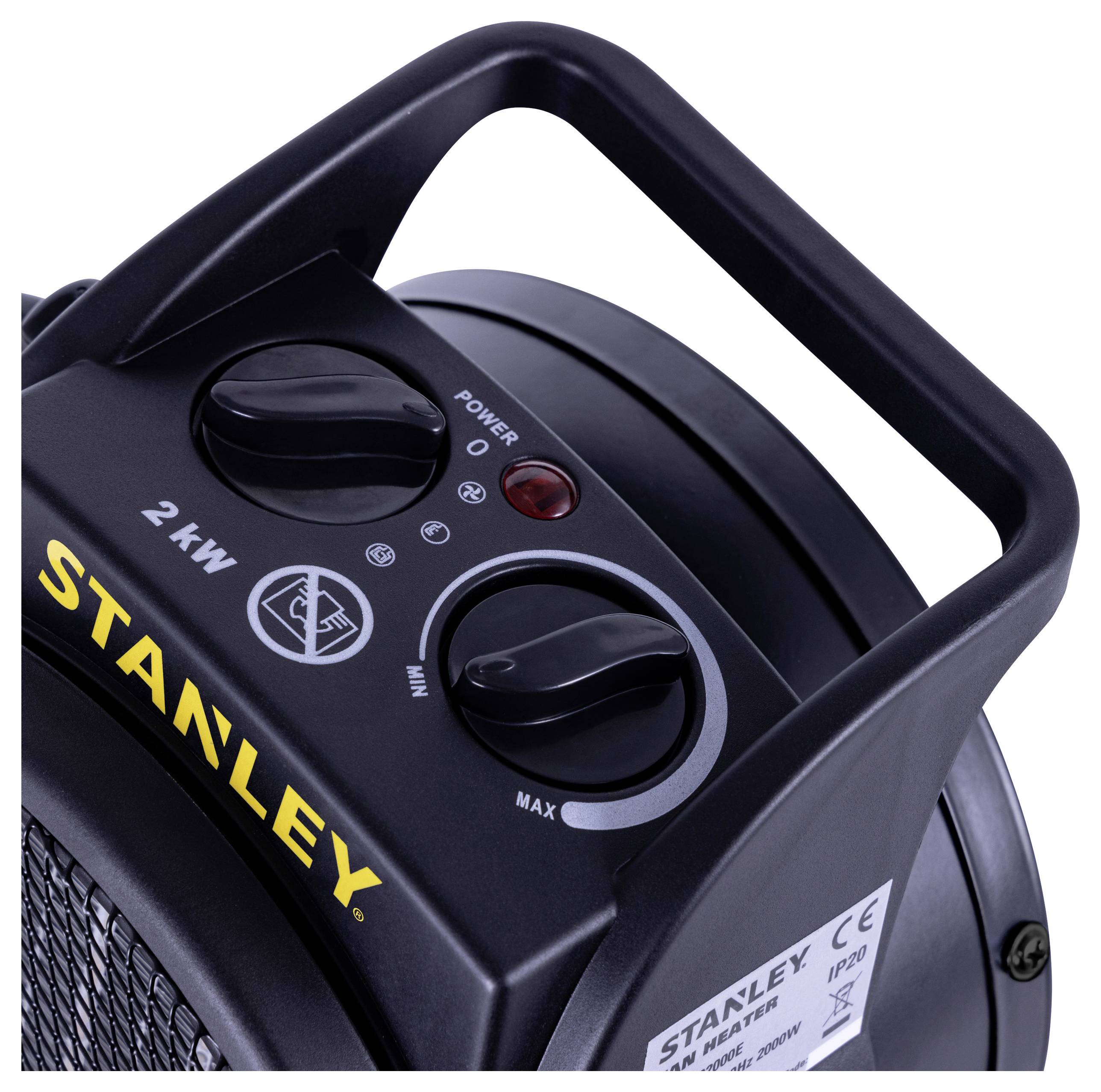 Tragbares industrielles Heizgerät von Stanley mit Bedienfeld, das einen Leistungsregler, Ventilator-/Heizmodi, eine 2-kW-Einstellung und einen Tragegriff zeigt.