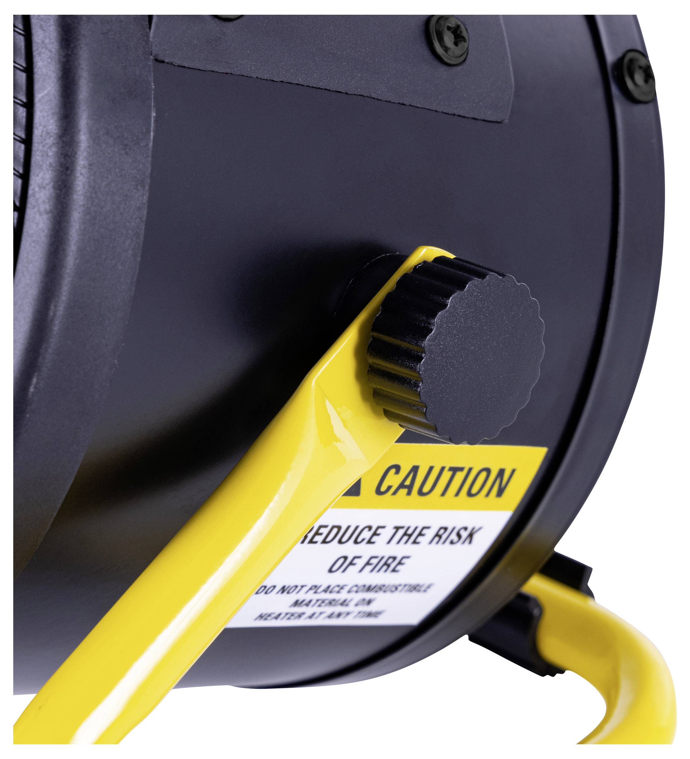 Nahaufnahme eines industriellen Werkzeugs mit gelbem Griff und einem Warnaufkleber, der dazu auffordert, 