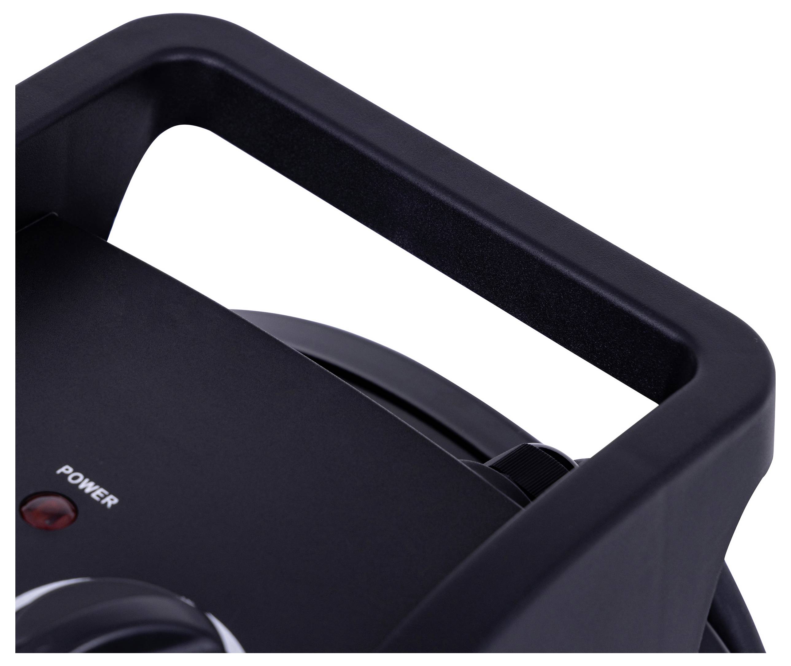 Nahaufnahme eines schwarzen Griffs an einem elektrischen Gerät mit dem Wort ‚Power' und einer kleinen roten Kontrollleuchte.