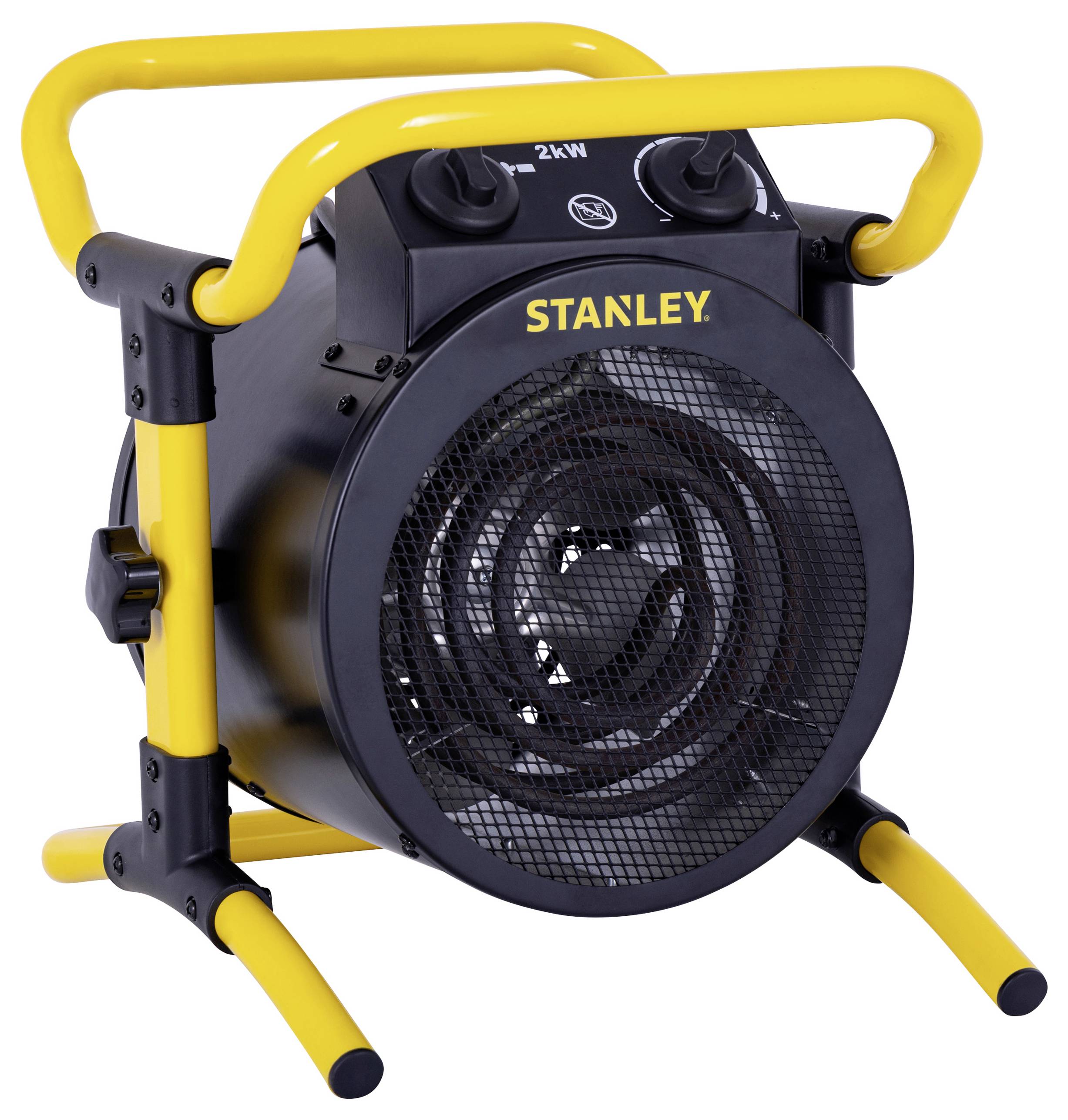 Ein gelb-schwarzer tragbarer Elektroheizer mit einem kreisrunden Gitter und zwei Einstellknöpfen, mit dem Markennamen 'Stanley' versehen, der für effiziente Wärmeerzeugung konzipiert wurde.