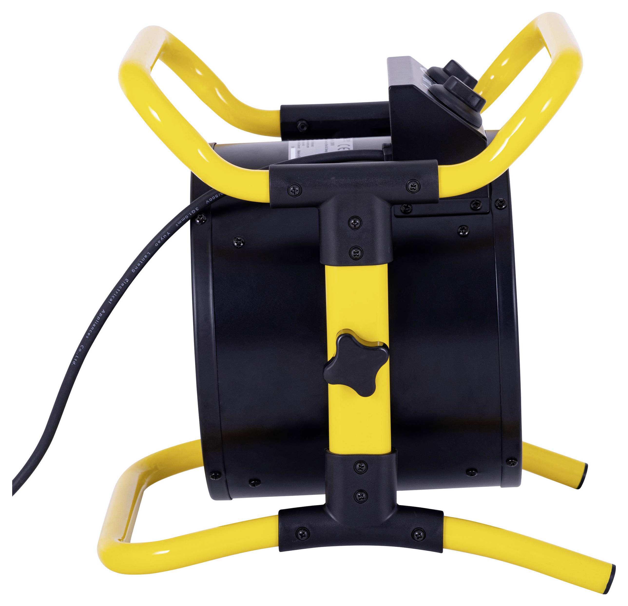 Ein gelber und schwarzer Industrieheizlüfter mit einem robusten Griff und verstellbarem Ständer, bei dem ein Netzkabel an seiner Seite angeschlossen ist.