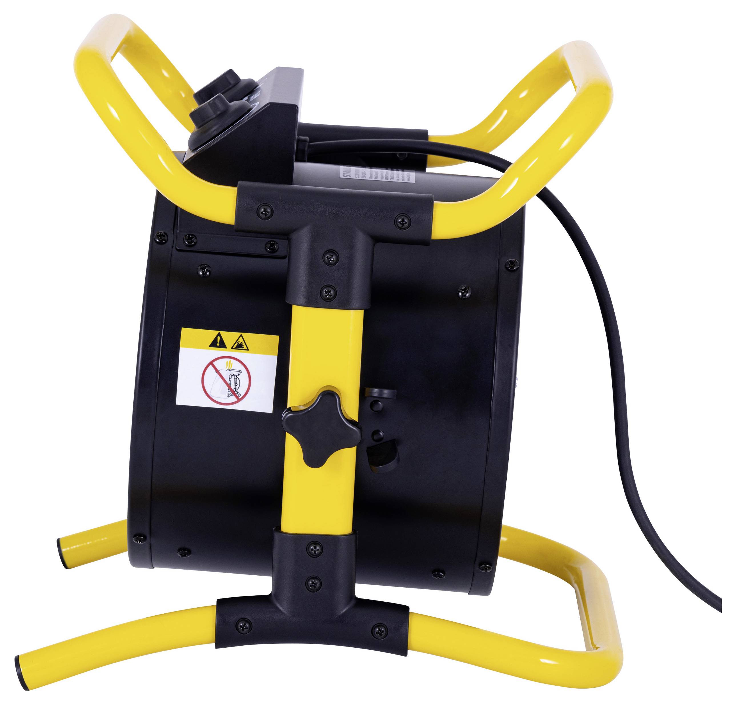 Ein gelber und schwarzer Industrieventilator mit einem Sicherheitswarnaufkleber, der ein Symbol für ‚keine Hände' zeigt und zur Vorsicht bei der Nutzung mahnt.