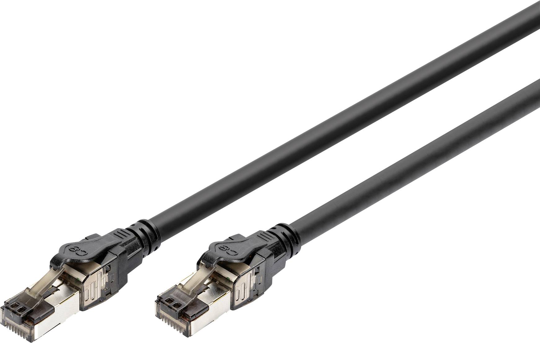 Schwarzes Ethernet-Kabel mit zwei metallischen RJ45-Steckern, geeignet für Computernetzwerke und Internetverbindungen.