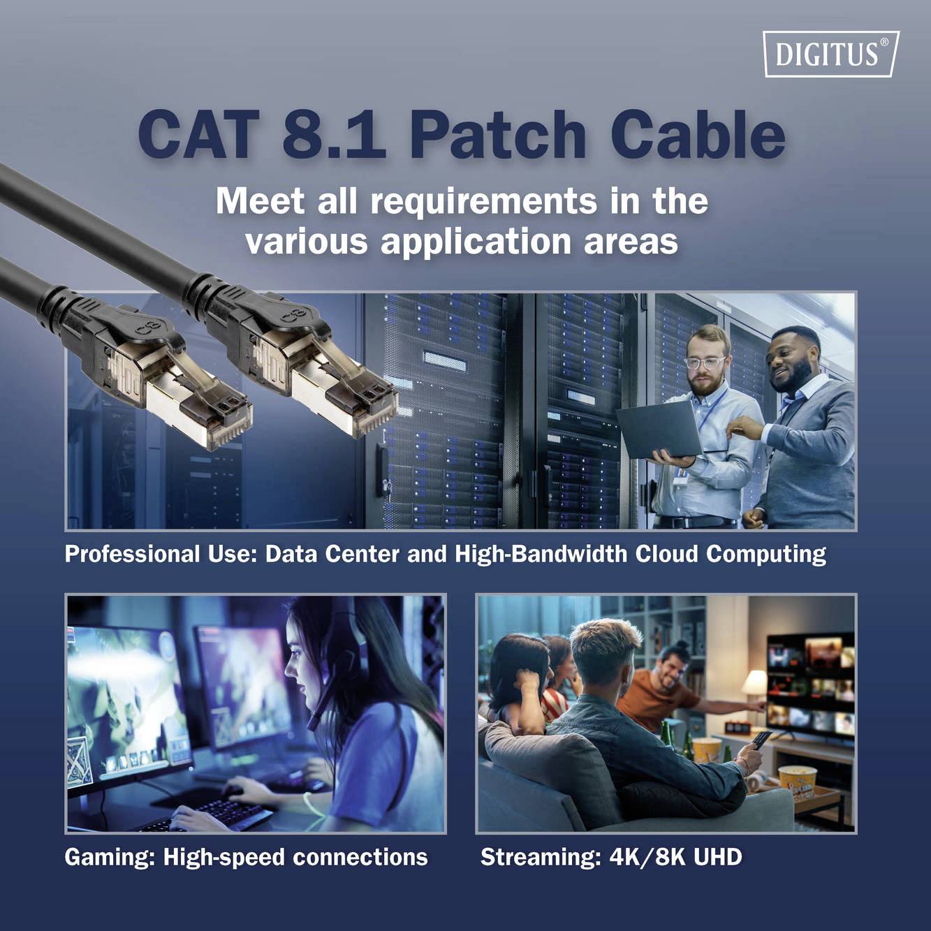 Kabel CAT 8.1 für professionelle Datennutzung, Gaming und Streaming. Hauptmerkmale: Rechenzentrum, hohe Bandbreite, 4K/8K UHD Unterstützung.