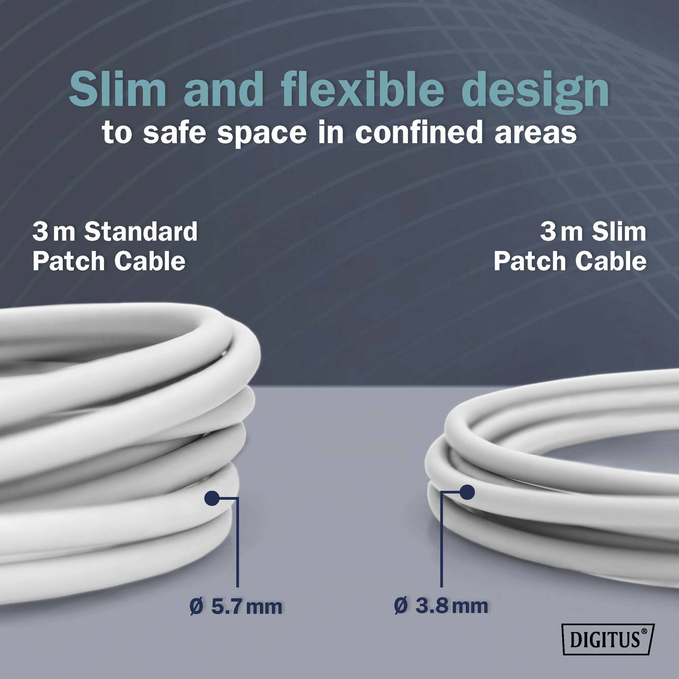 Zwei Netzwerkkabel im Vergleich. Links: Standardkabel, 5,7 mm Durchmesser. Rechts: Slim-Kabel, 3,8 mm Durchmesser. Text oben: 'Slim and flexible design'.