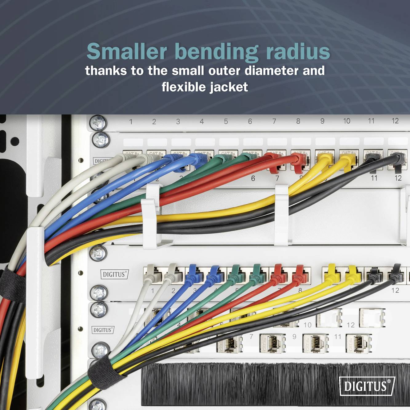 Ein Netzwerk-Patch-Paneel mit bunten Kabeln. Text: 'Smaller bending radius thanks to the small outer diameter and flexible jacket'.