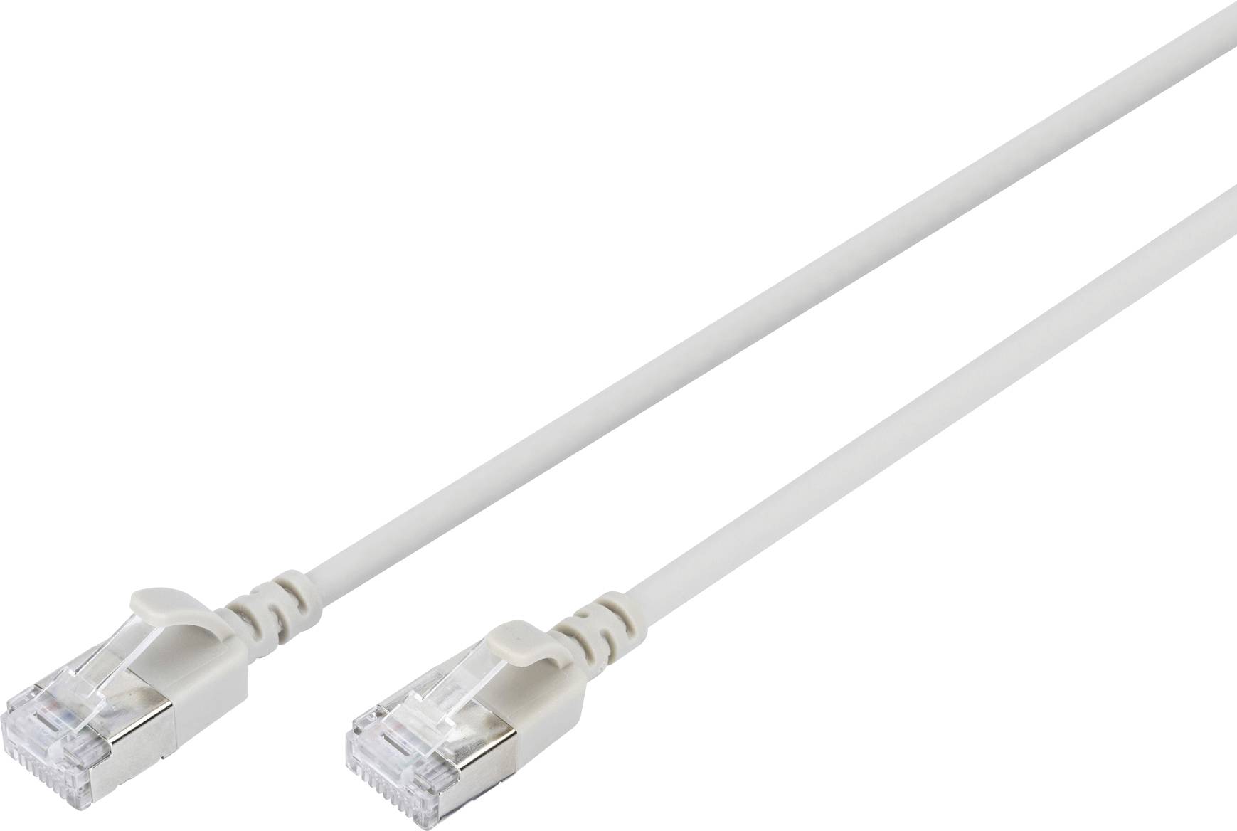 Ein weißes Ethernet-Kabel mit zwei RJ-45-Steckern, geeignet für Netzwerkverbindungen.