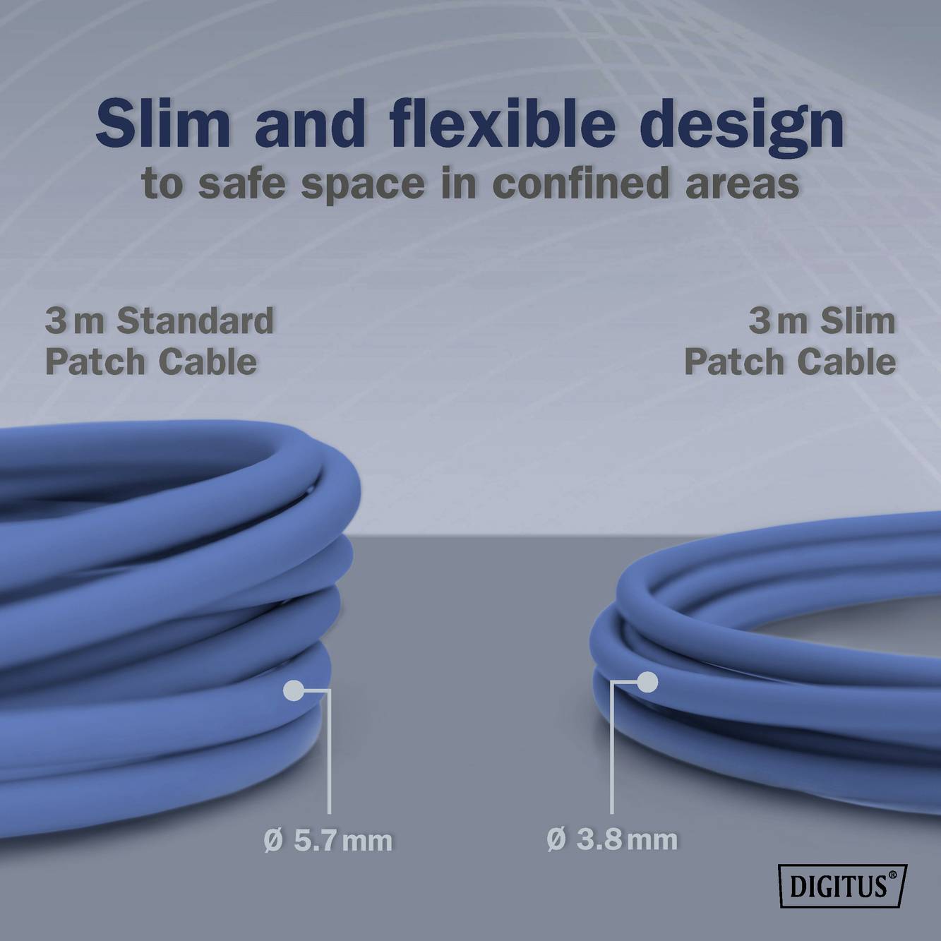 Ein Bild vergleicht zwei Patchkabel: links '3 m Standard, Durchmesser 5,7 mm', rechts '3 m Slim, Durchmesser 3,8 mm'.