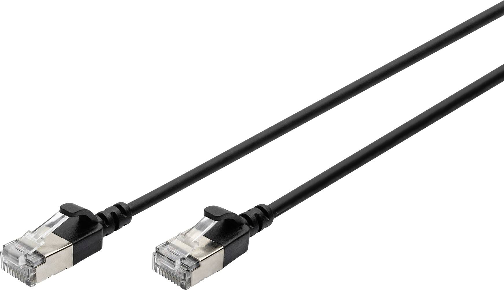 Schwarzes Ethernet-Kabel mit zwei RJ45-Steckern, häufig für Netzwerkverbindungen verwendet.
