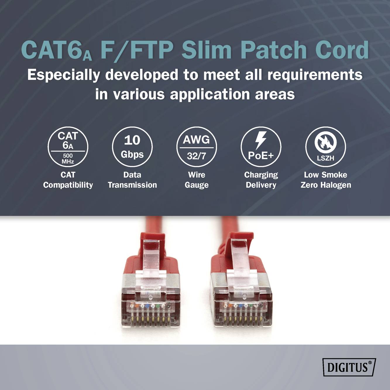 Das Bild zeigt ein rotes CAT6A F/FTP Slim Patchkabel. Text betont Kompatibilität, 10 Gbps, 32/7 AWG, PoE+, und LSZH.©Digitus.