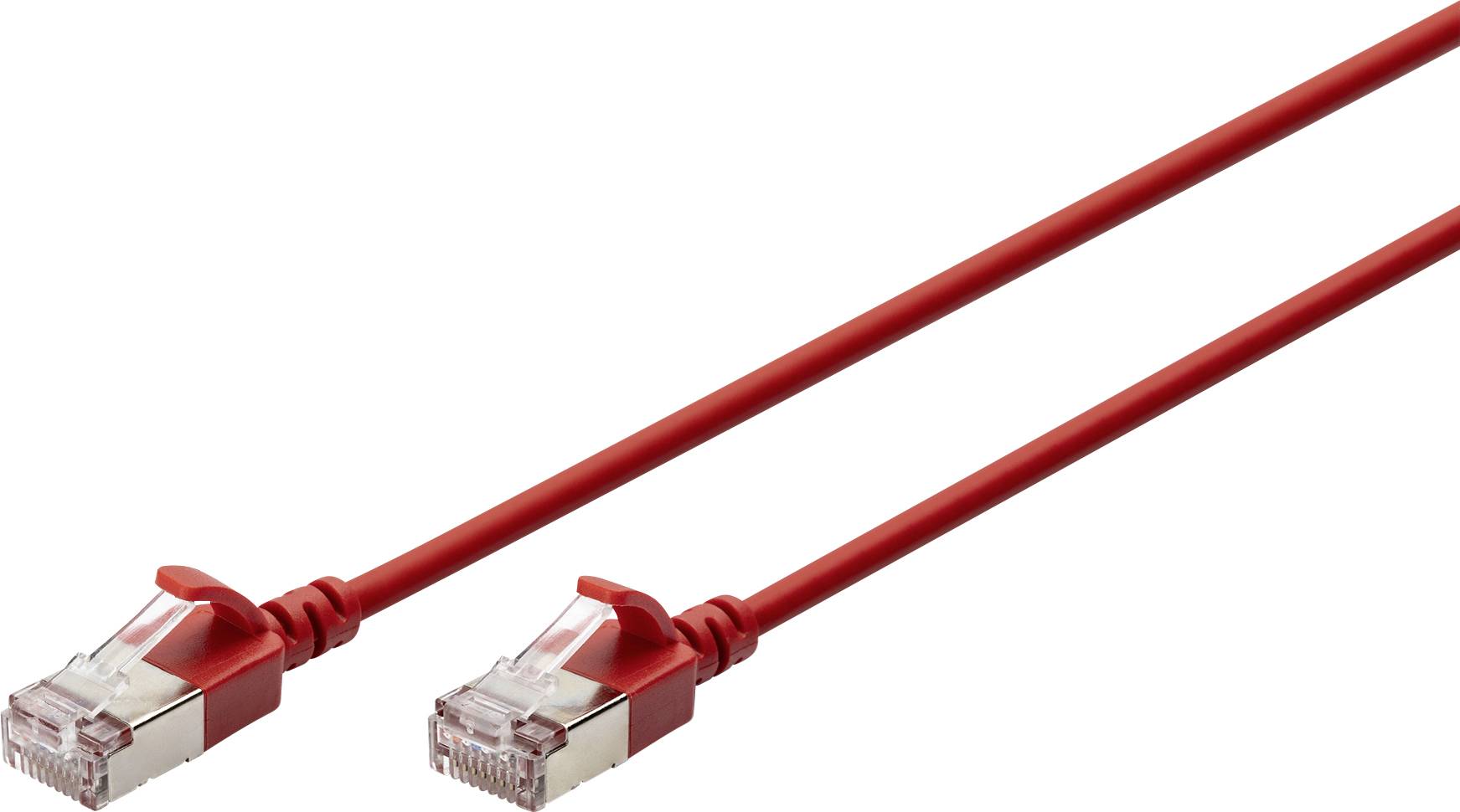 Ein rotes Netzwerkkabel mit zwei RJ45-Steckern, verwendet für den Anschluss von Computern an ein Netzwerk oder das Internet.