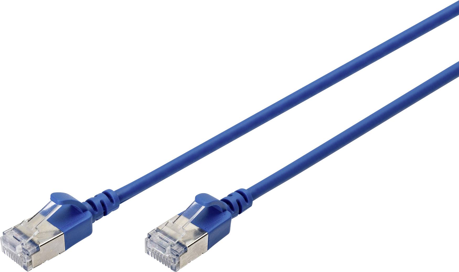 Blaues Ethernet-Kabel mit zwei RJ45-Steckern an den Enden, verwendet für Netzwerkverbindungen.