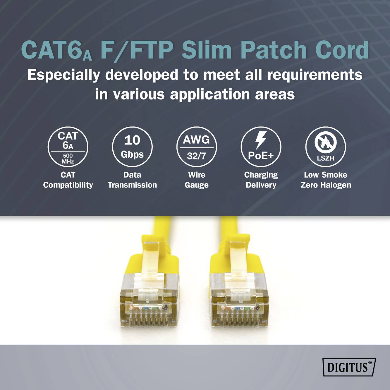 Zwei gelbe CAT6A F/FTP Slim Patchkabel unter einem Text, der ihre Hauptmerkmale beschreibt, einschließlich 10 Gbps und PoE+.