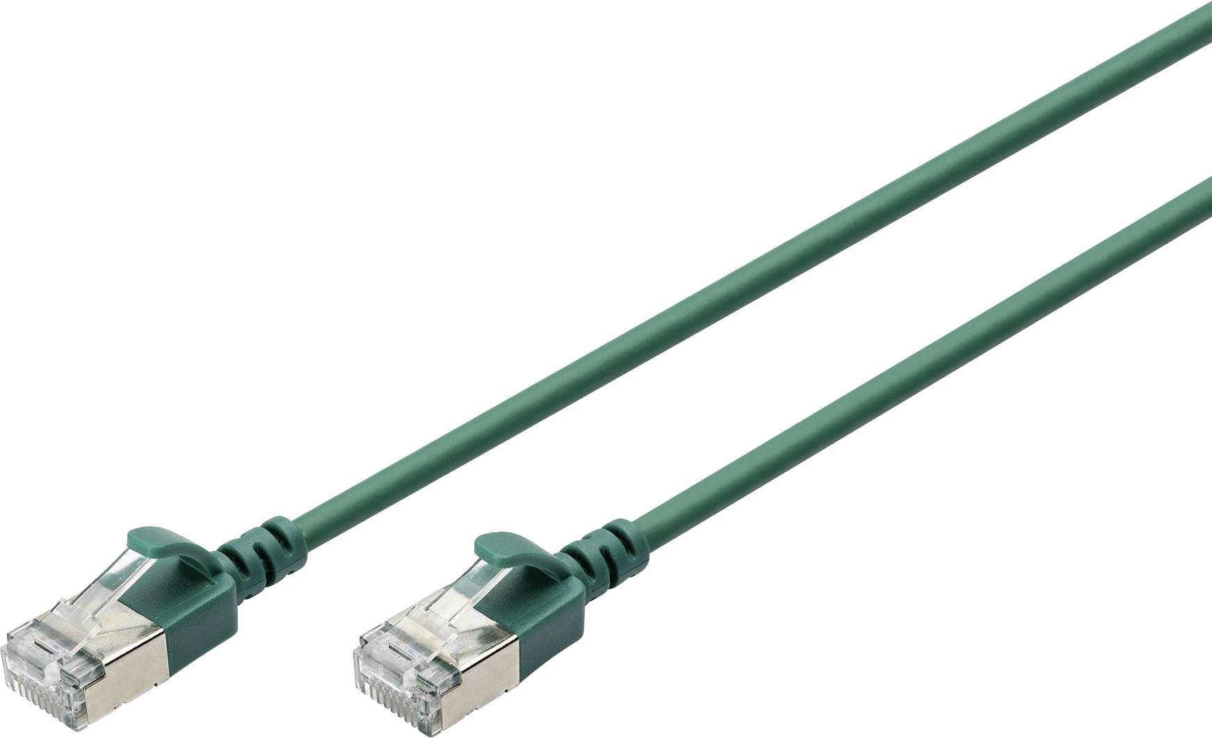 Ein grünes Ethernet-Kabel mit zwei RJ45-Steckern, das zum Verbinden von Netzwerkgeräten verwendet wird.