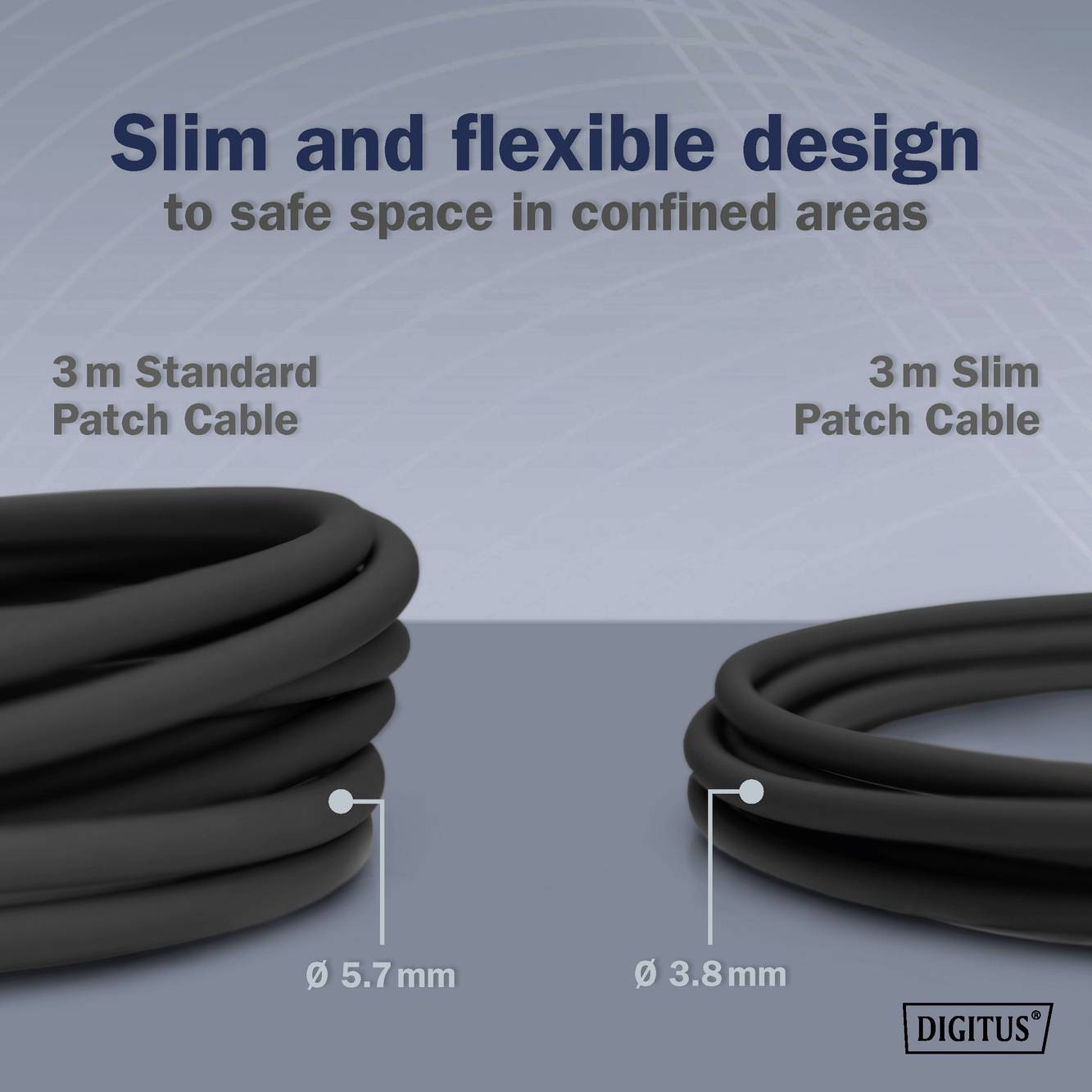 Zwei Kabel im Vergleich: Links ein Standard-Patchkabel, Durchmesser 5,7 mm. Rechts ein dünnes Kabel, Durchmesser 3,8 mm. Text oben: 'Platzsparend und flexibel'.