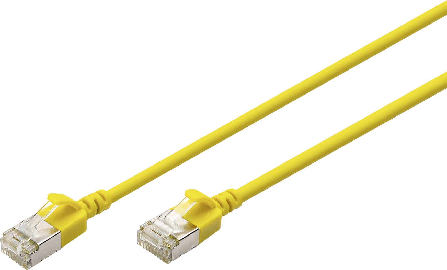 Gelbes Ethernet-Kabel mit zwei RJ45-Steckern, verwendet für Netzwerkverbindungen.