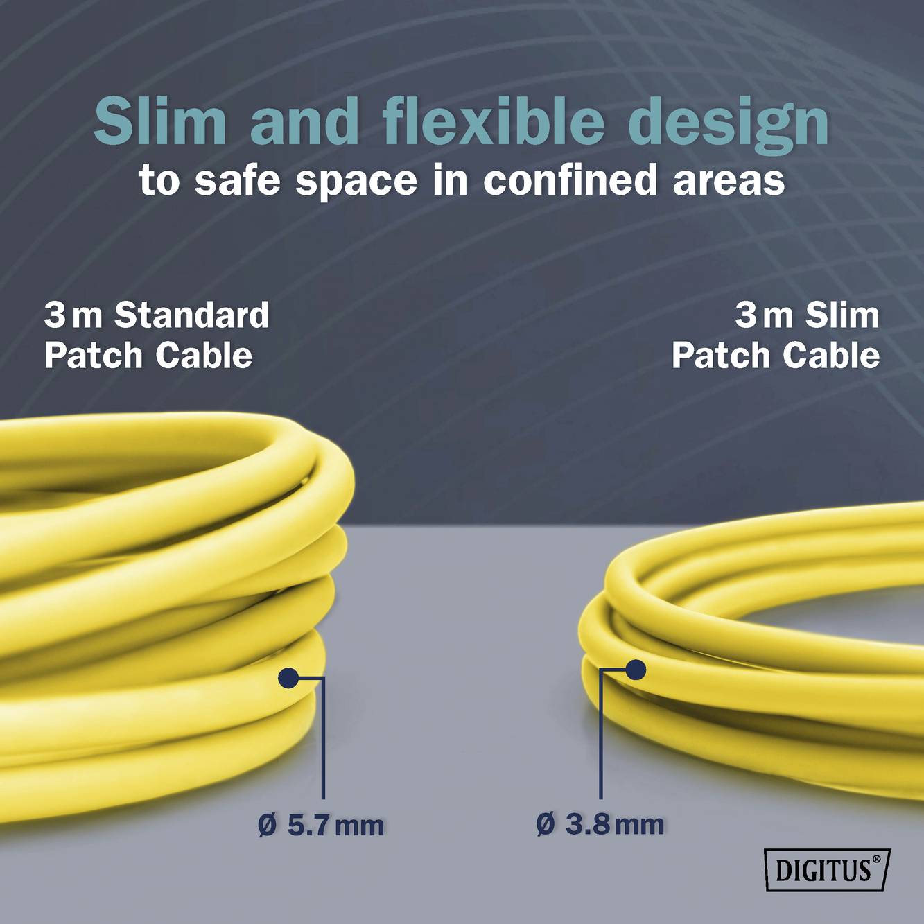 'Schlankes und flexibles Design für enge Bereiche.' Vergleich von 3 m Patchkabeln: Standard (Ø 5.7 mm) vs. Slim (Ø 3.8 mm), beide gelb.
