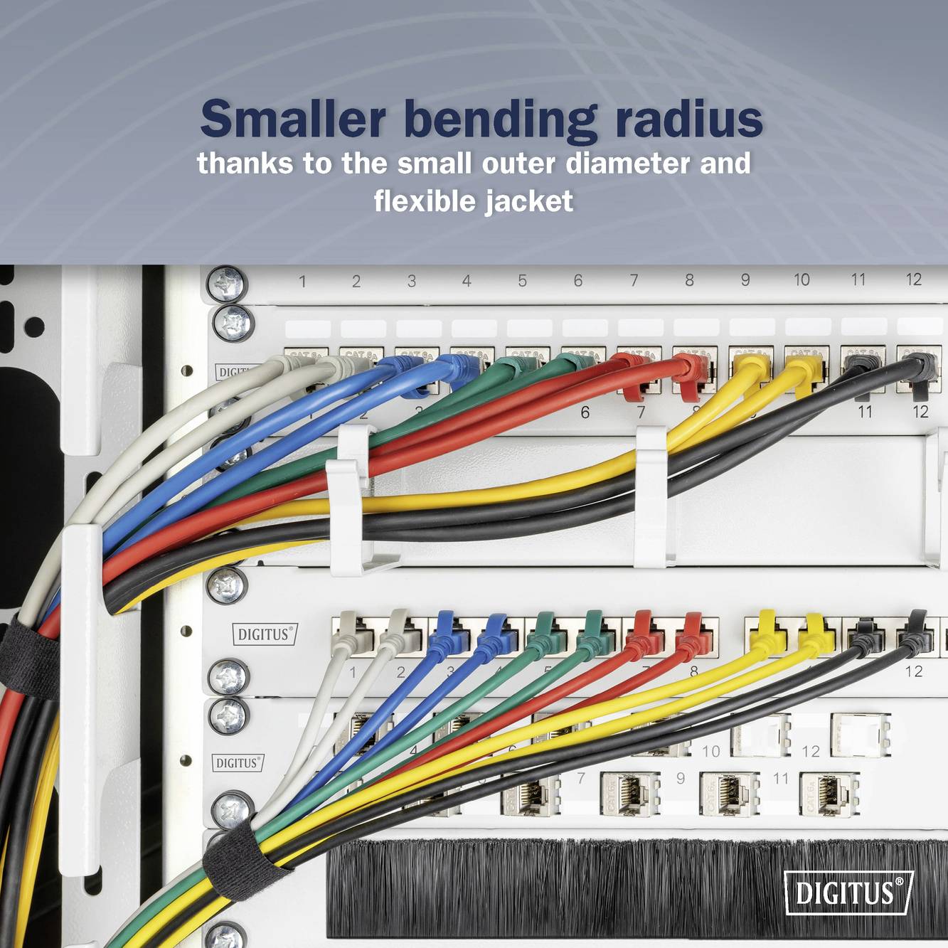 Im Bild sind mehrere farbige Kabel in einem Netzwerk-Schrank zu sehen. Der Text oben lautet: 'Smaller bending radius thanks to the small outer diameter and flexible jacket'.