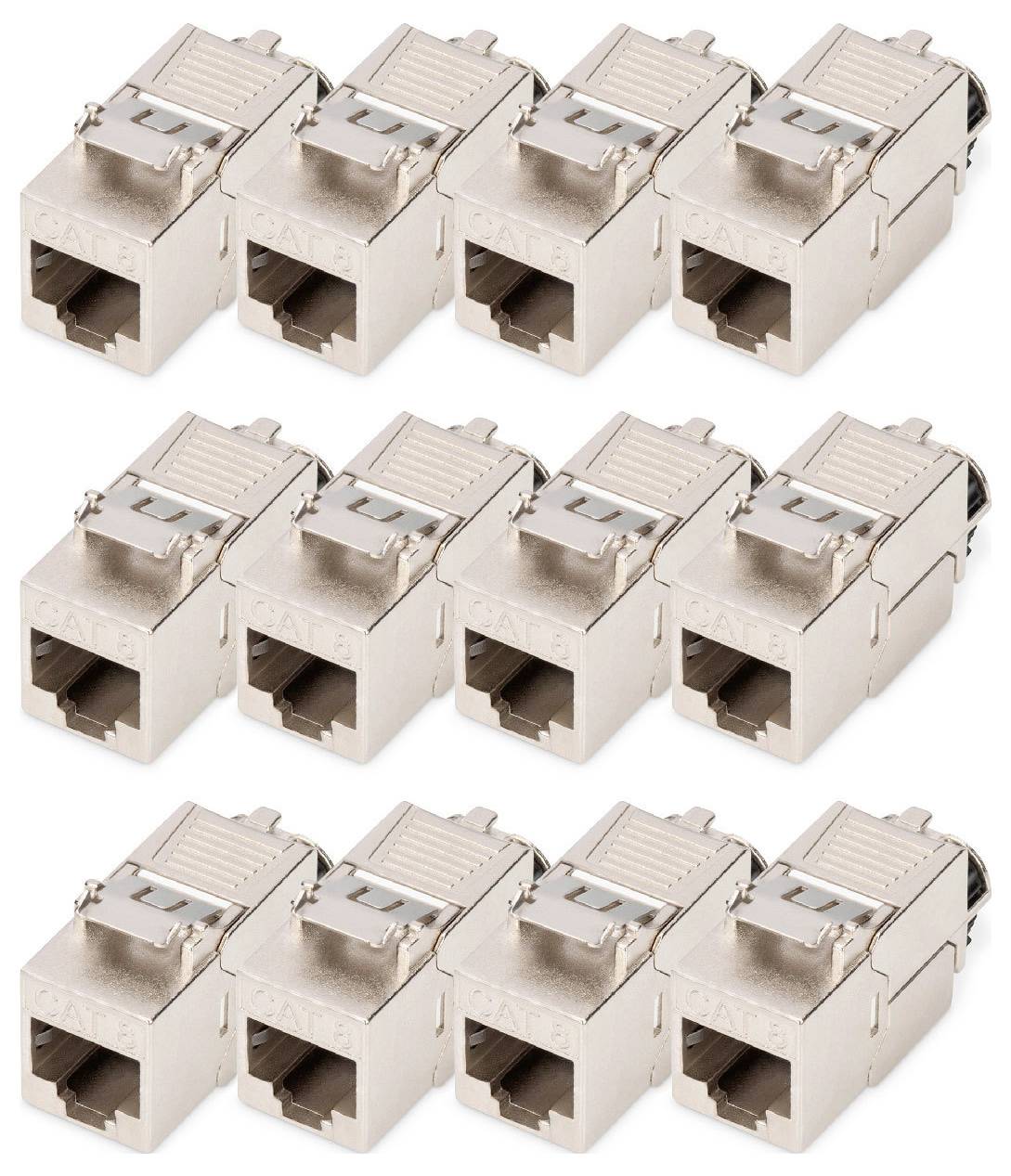 Zwölf geschirmte RJ45-Netzwerkbuchsen in zwei Reihen, geeignet für Ethernet-Kabelverbindungen, dargestellt auf weißem Hintergrund.