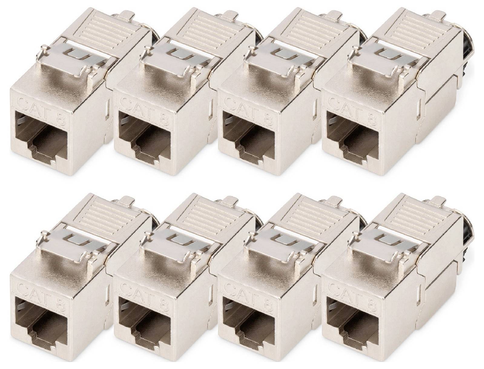 Acht metallene Netzwerkkabelstecker in zwei Reihen. Sie sind unbenutzt und stapelbar, meist für Ethernet-Verbindungen verwendet.