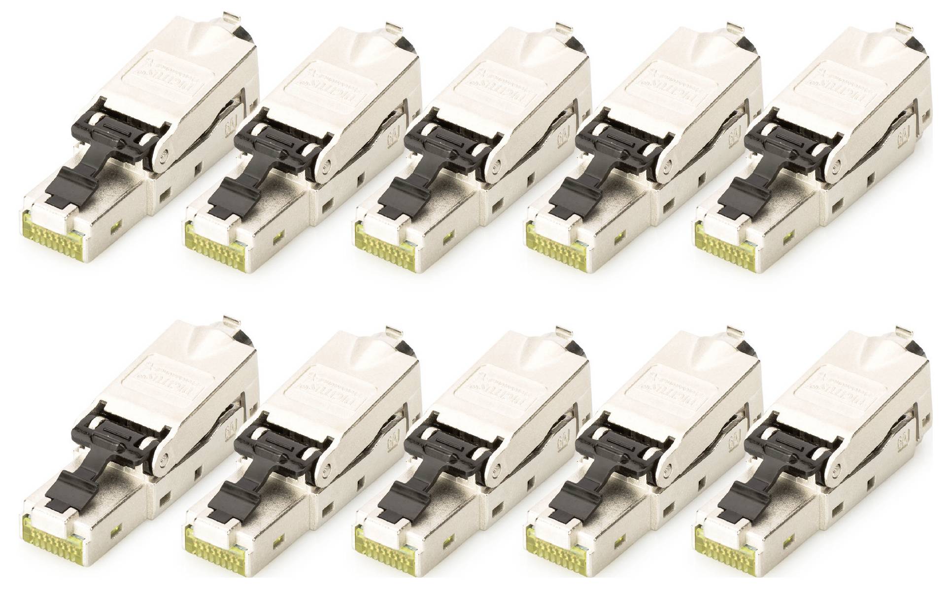 Zehn identische RJ45-Netzwerkstecker nebeneinander in zwei Reihen angeordnet, aus silbernem Metall mit schwarzem Clip.