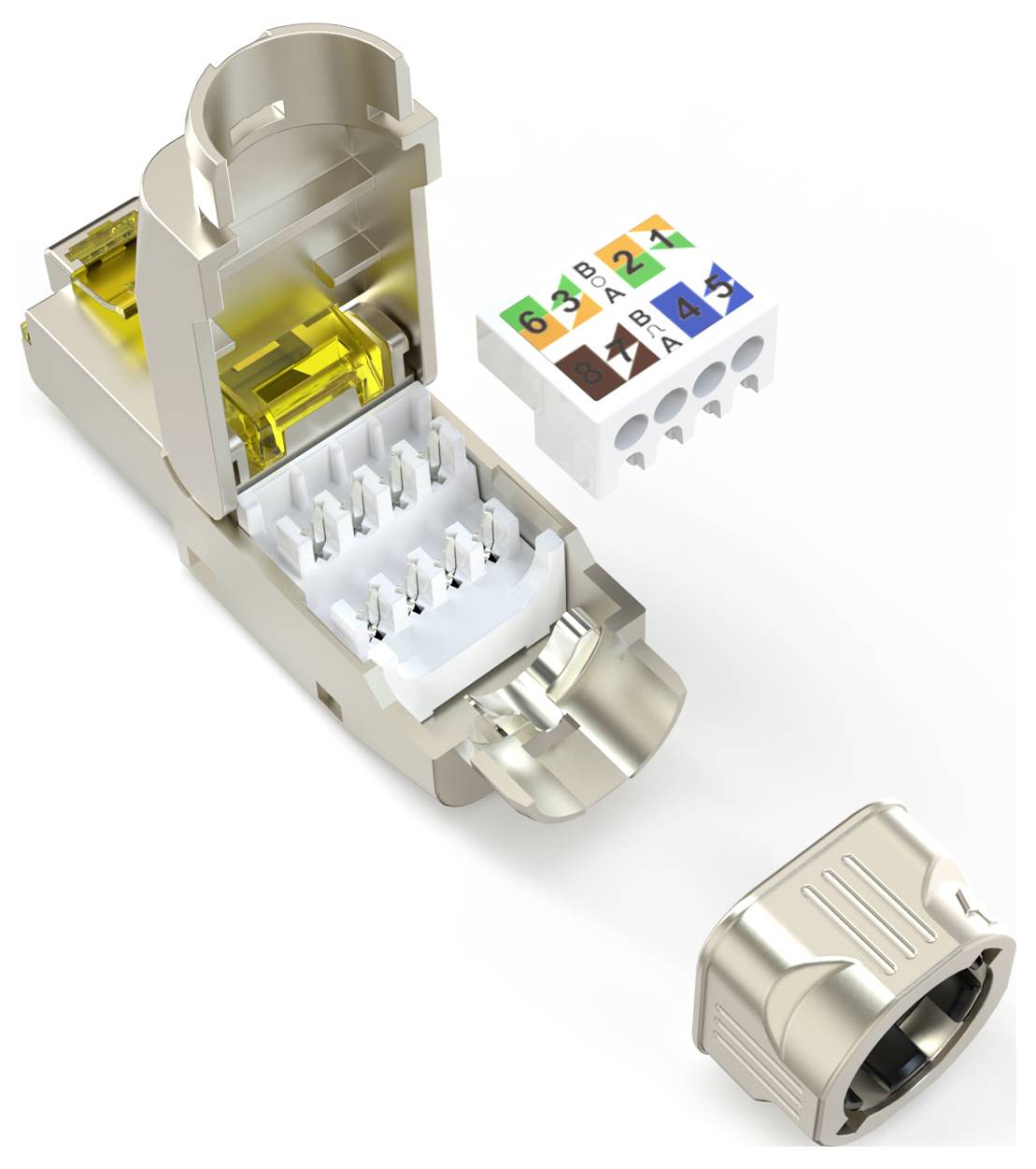 Ein zerlegter RJ45-Stecker mit beschriftetem Farbcode-Modul zur Netzwerkverkabelung, zeigt Details der Pinbelegung und Montage.