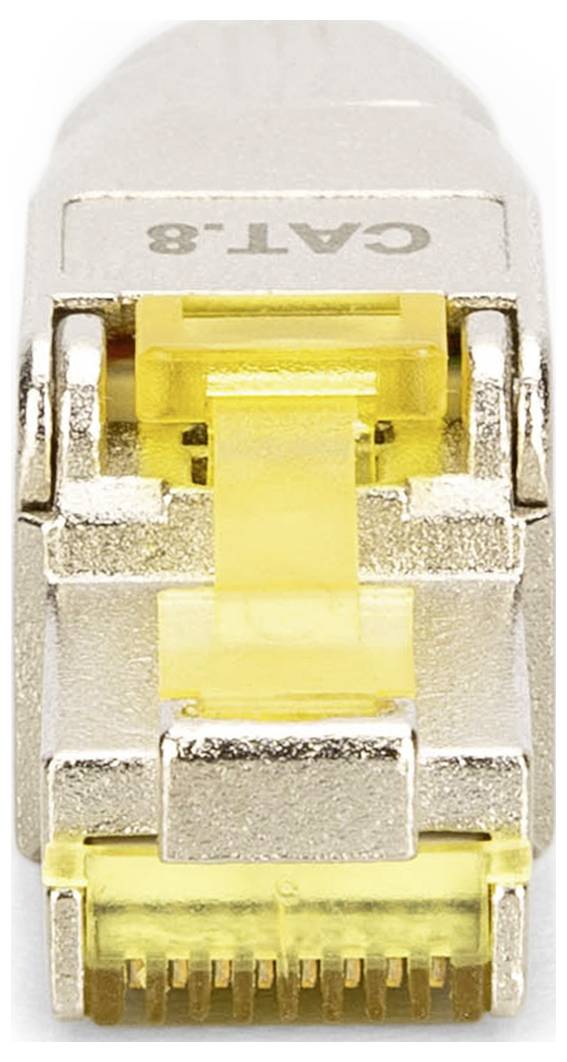 Ethernet-Stecker für CAT-8-Verkabelung mit gelben Kunststoffelementen und einem goldenen Kontaktbereich, Vorderansicht.