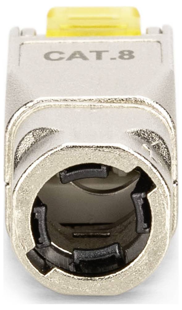 CAT.8 Ethernet-Stecker mit silbernem Metallgehäuse und gelbem Verschluss, frontal abgebildet.