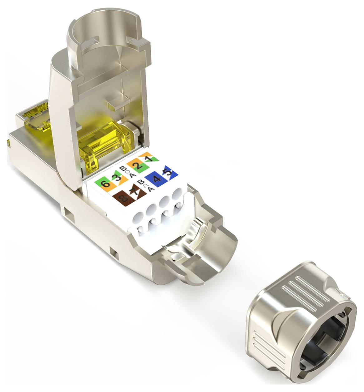 Ein RJ45-Stecker mit abgenommenem Gehäuse zeigt die farbcodierten Adernanschlüsse. Abgebildet ist auch ein separates Steckerteil.