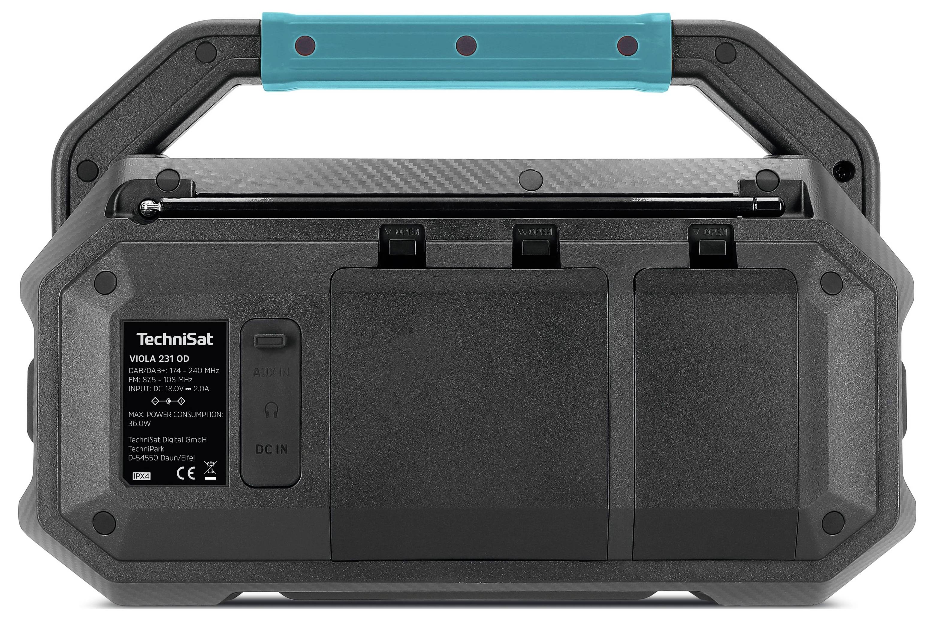 Tragbares Radio mit robustem Gehäuse und türkisfarbenem Griff. Rückansicht zeigt Batteriefach und technische Daten.