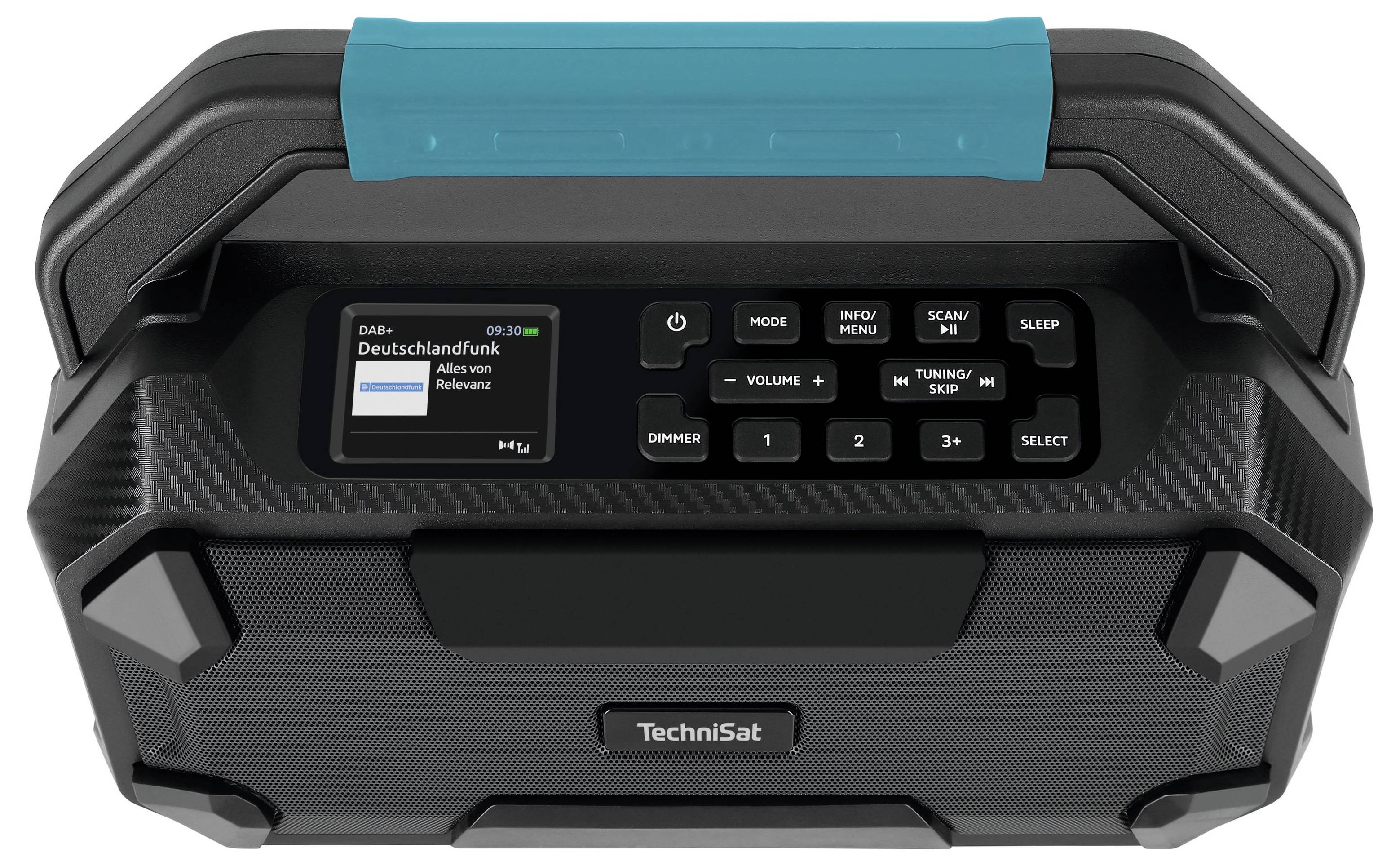Tragbares TechniSat Radio in Schwarz mit blauem Griff, Anzeige zeigt 'Deutschlandfunk'. Bedienknöpfe daneben, robustes Design.