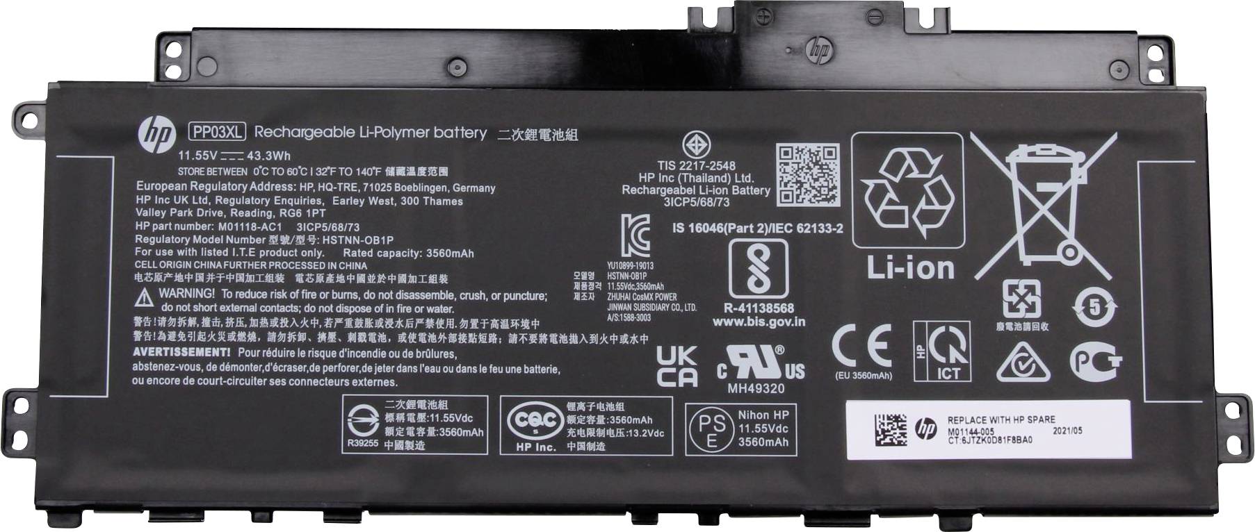 HP Notebook-Akku Akku M01118-AC1 11.55V 3750 mAh